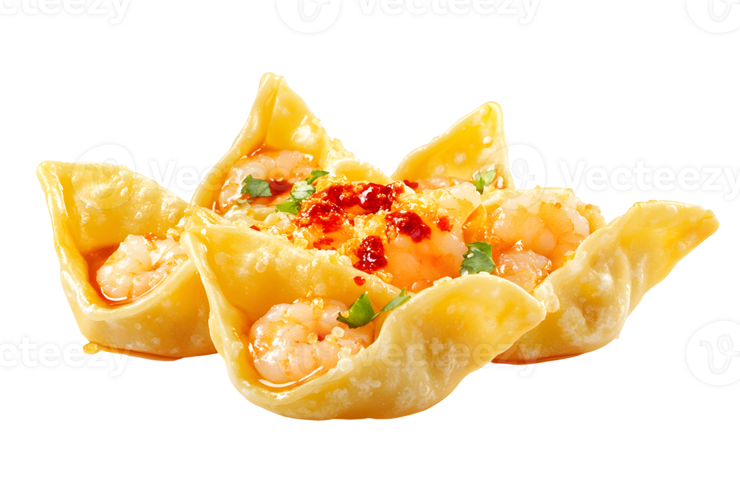 Shrimp dumplings in crisp wonton wrappers with spicy sauce and green garnish png