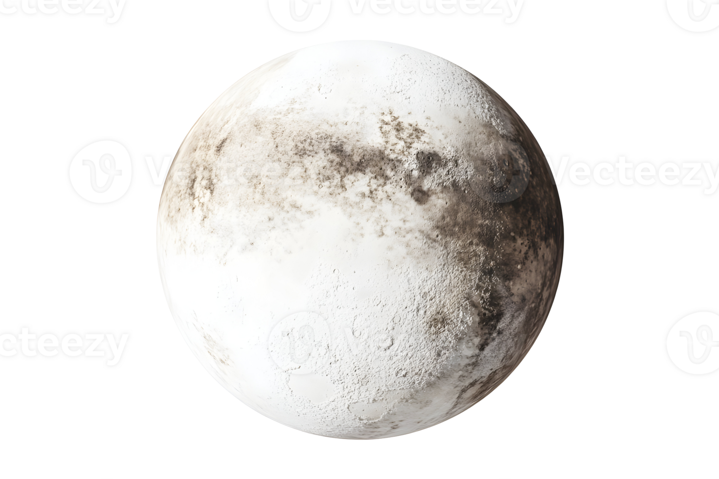 Gray and white planet with varied textures, set against a transparent background in outer space png