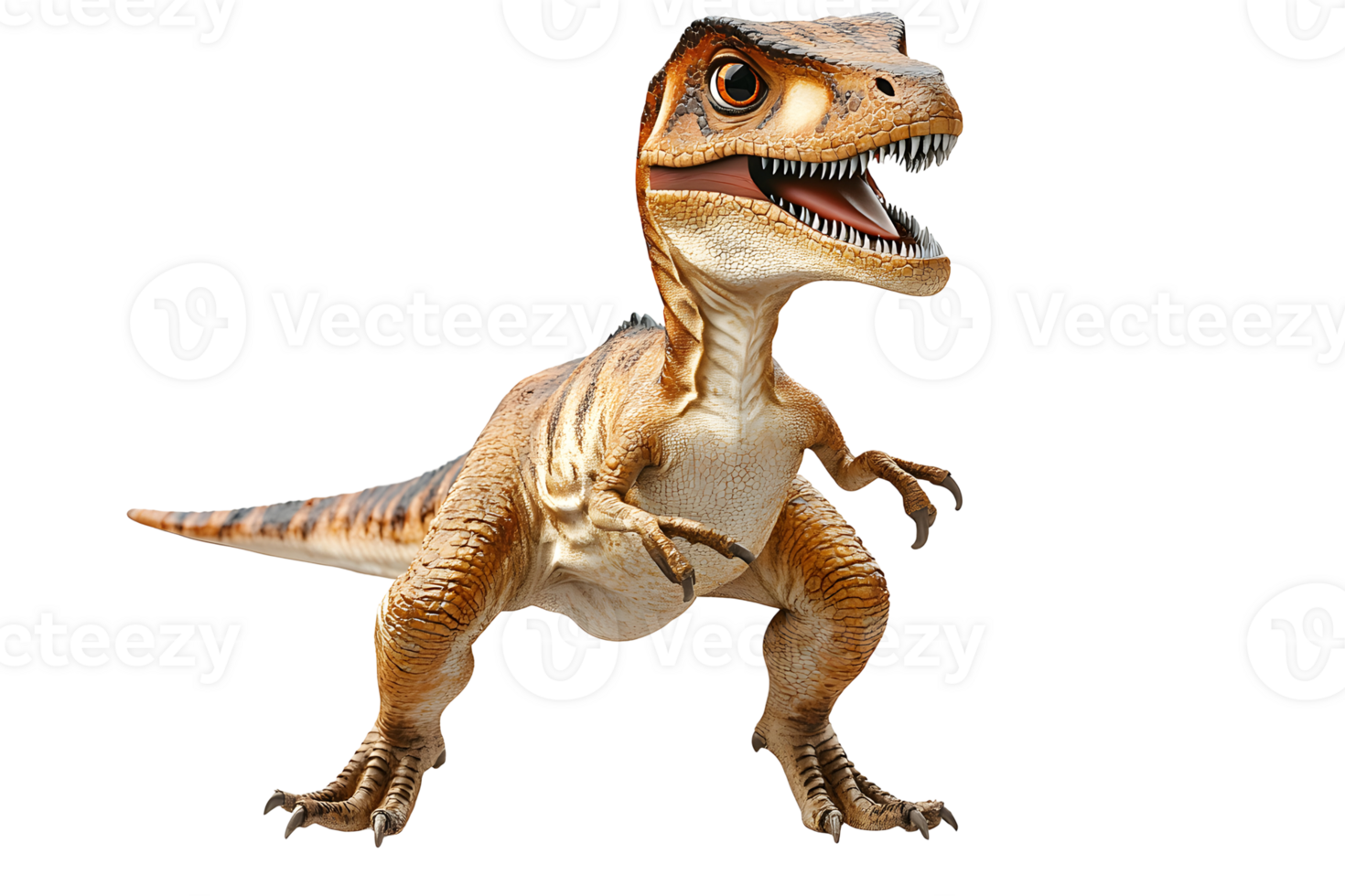 A baby velociraptor with brown stripes stands, mouth open, isolated on a transparent background, presenting a cartoonish dinosaur png