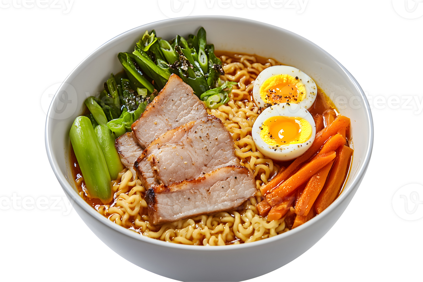 Noodles with egg, pork, and greens in a bowl. Delicious and appetizing meal png