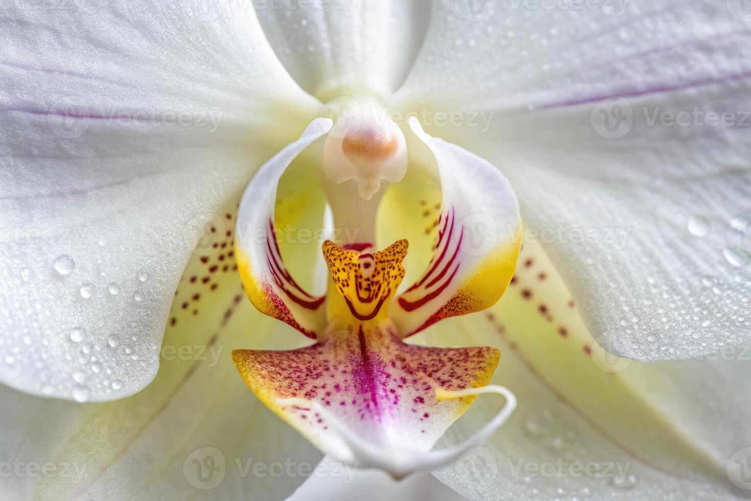 Orchid flower close up showing intricate details of petals and moisture droplets photo