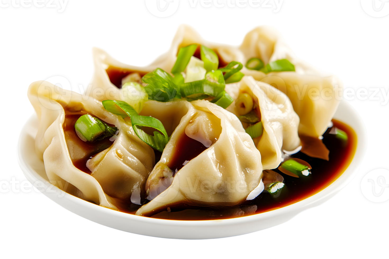 Dumplings in sauce with chopped scallions served in a white bowl on a transparent background png