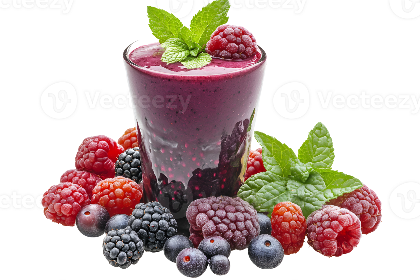 Berry smoothie in glass, garnished with mint, surrounded by raspberries, blackberries, and blueberries, against a transparent background png