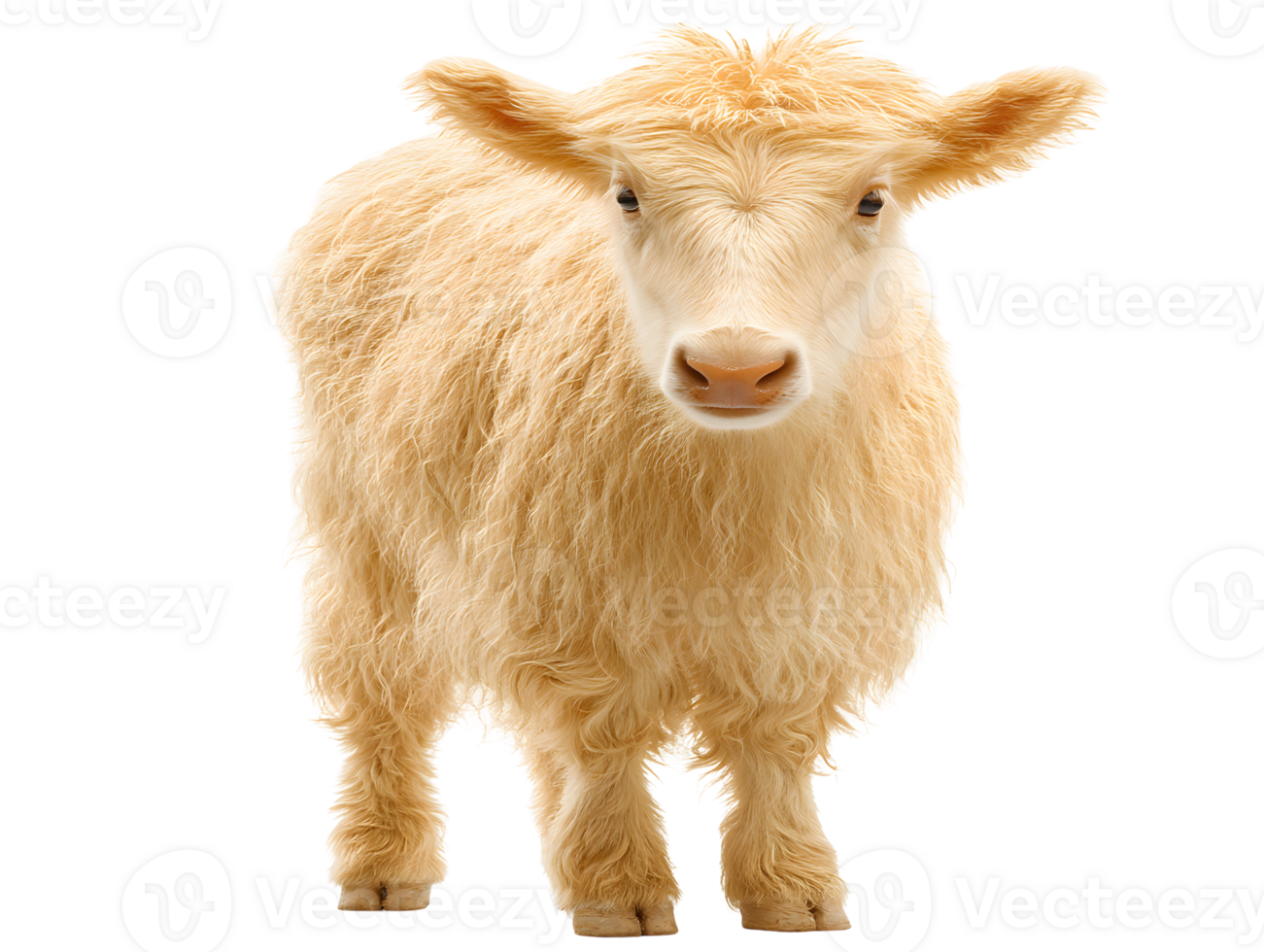 Young, fluffy, cream-colored calf stands, facing forward. Its light fur covers the entire body, with small ears png