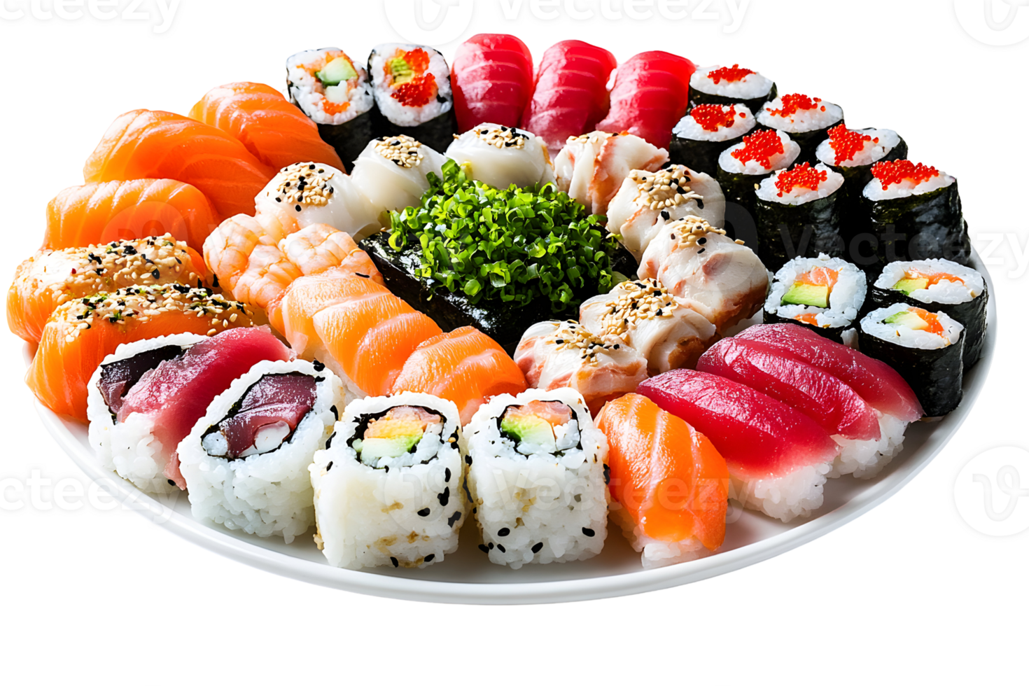 Sushi medley a colorful platter showcasing salmon, tuna, and various maki rolls arranged artfully on a plate png