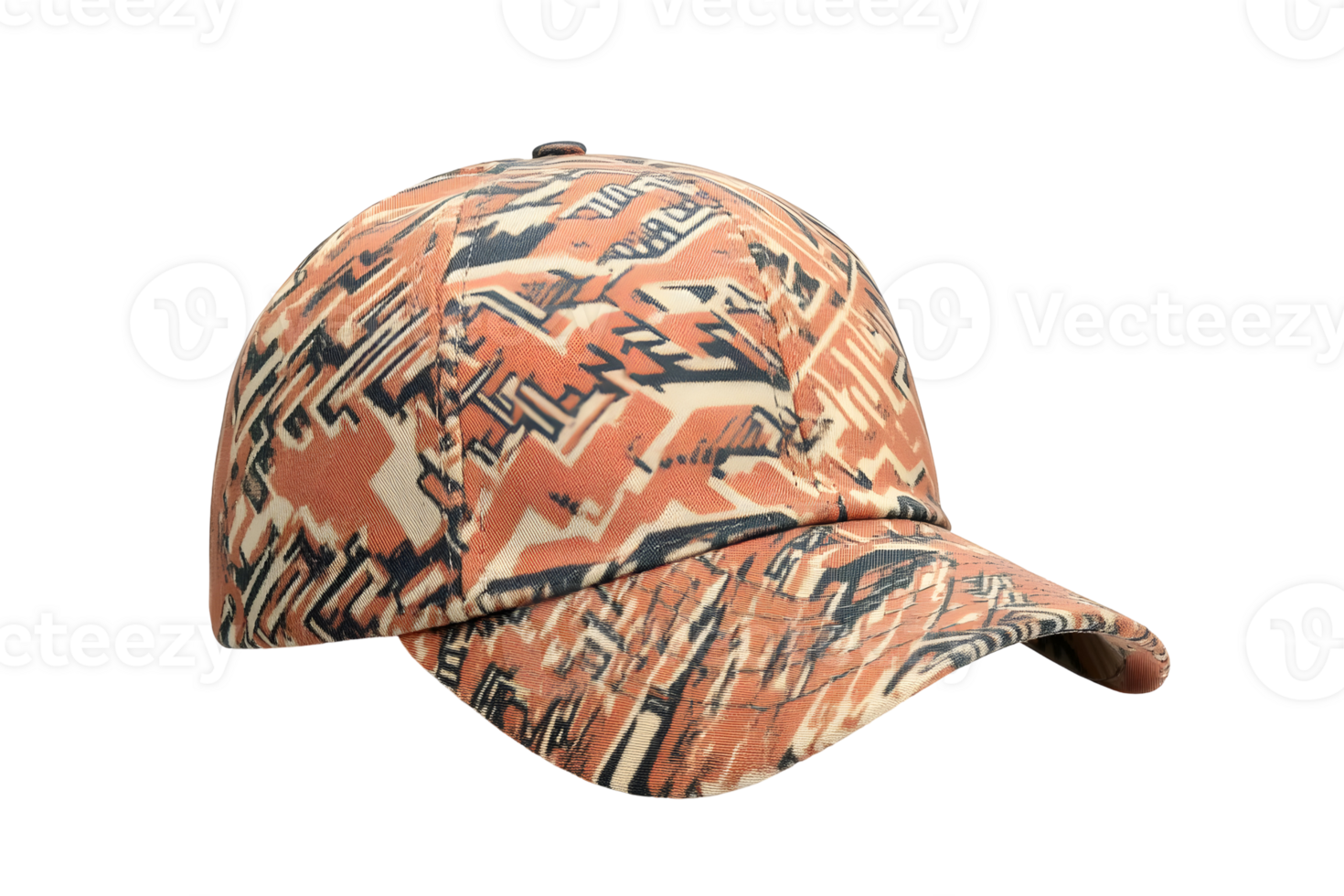 A stylish cap with abstract patterns in beige, black, and orange, isolated on a transparent background png