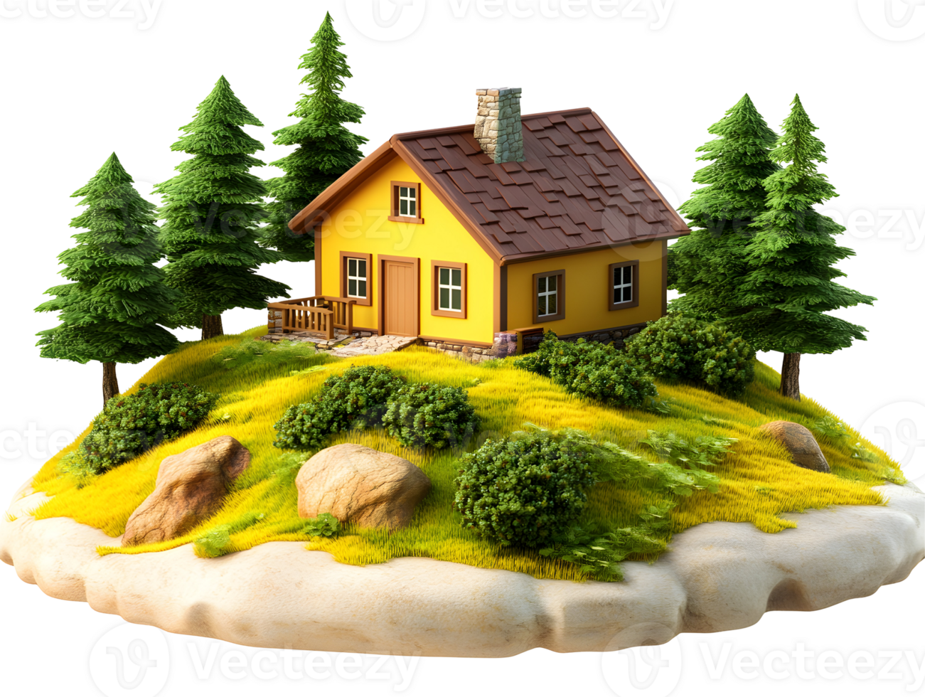 Quaint yellow house on a small green hill with pine trees, rocks, and moss against a transparent background png