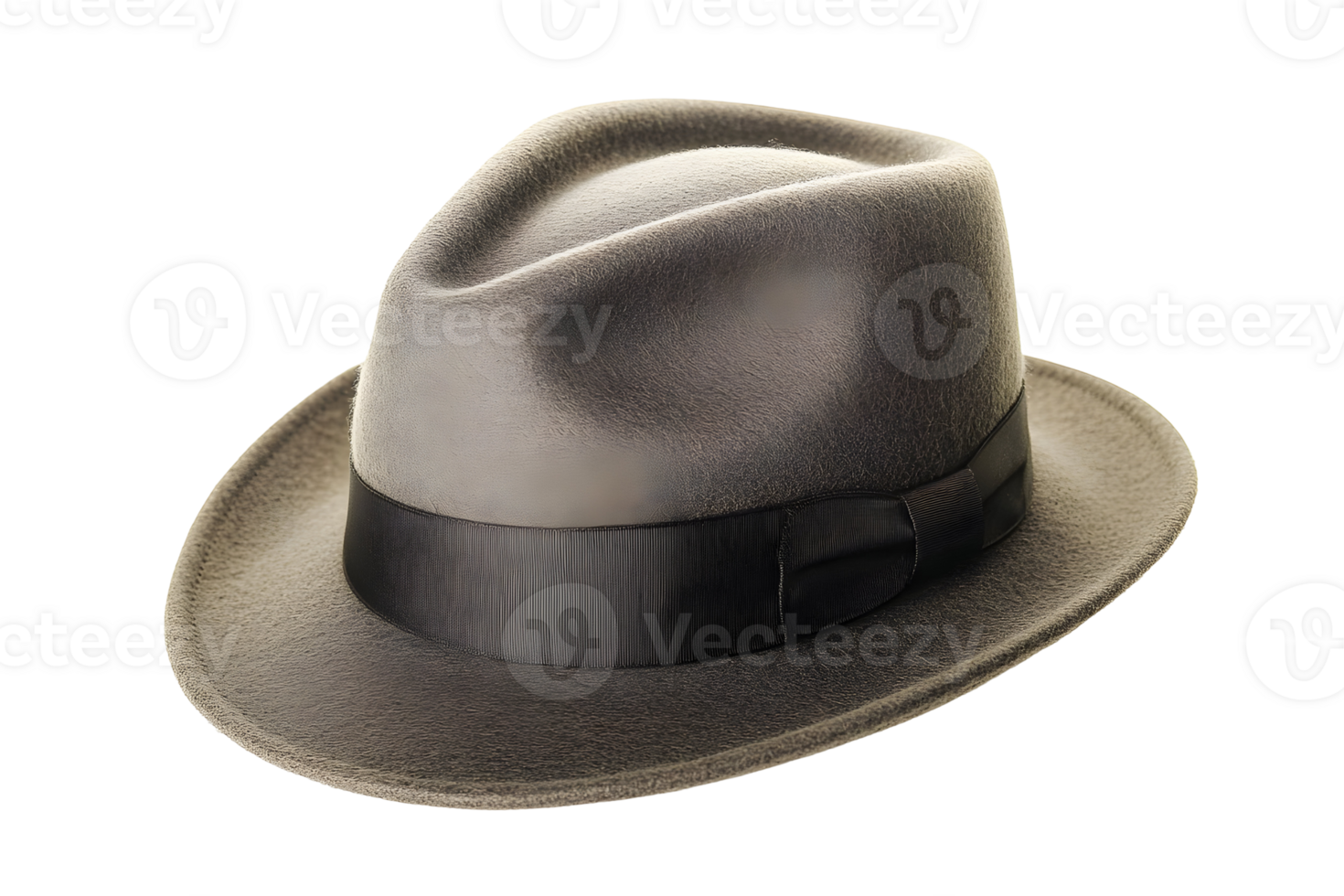 Classic fedora hat. Features a gray color with a dark hatband. Isolated on a solid transparent background png