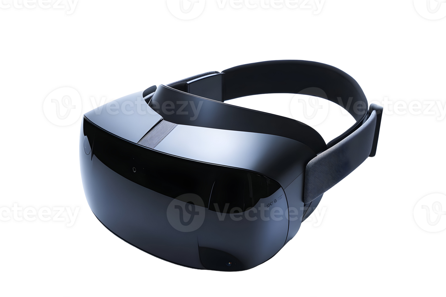 Glossy black VR headset with adjustable straps, isolated on transparent background backdrop, reflecting light png