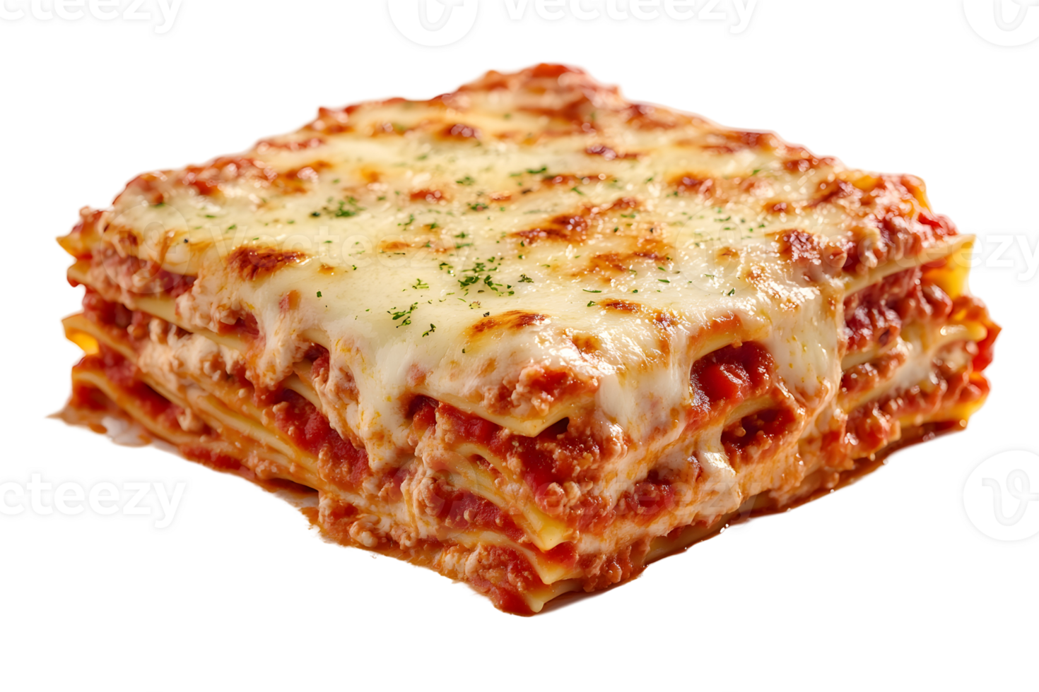 A square slice of lasagna with layers of pasta, tomato sauce, meat, and melted cheese png