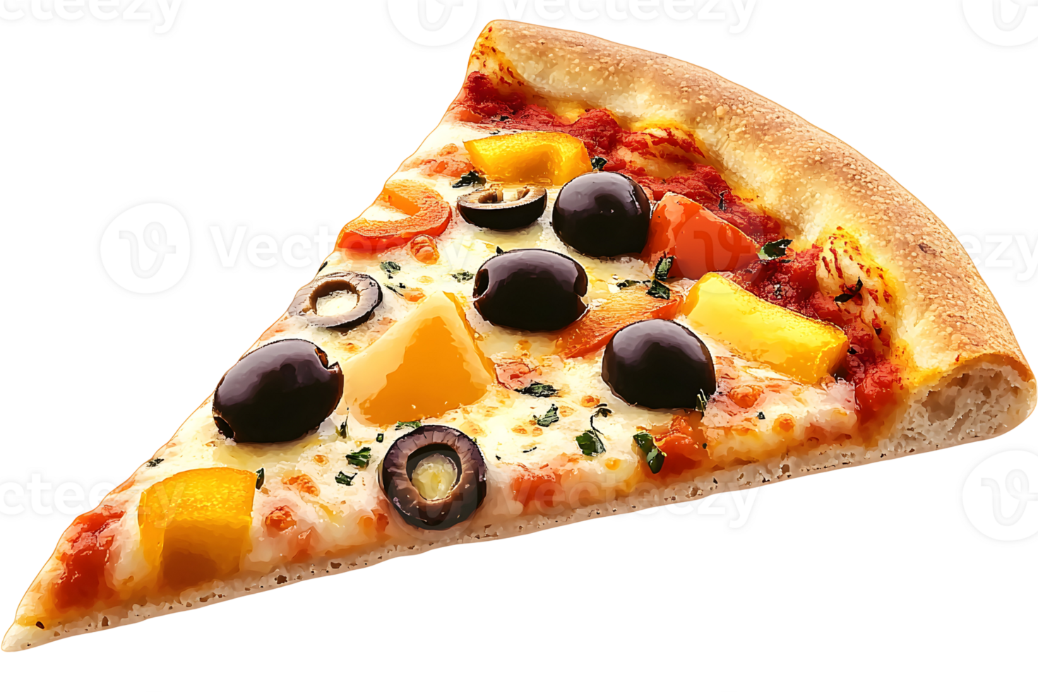 Slice of pizza topped with peppers, olives, and sauce on a crispy crust. Cheesy and appetizing look png