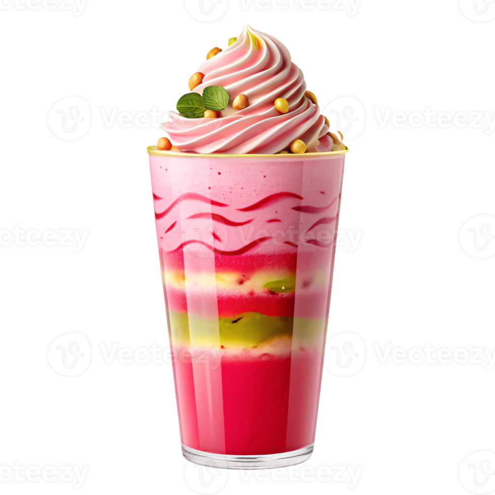 Vibrant Layered Dessert with Whipped Cream, Golden Pearls, and Green Leaves on Transparent Background for Food Design png
