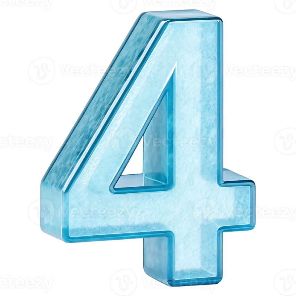 Shiny Frosted Blue Number 4 with Transparent Glass-Like Texture for Graphic Design and Creative Project png