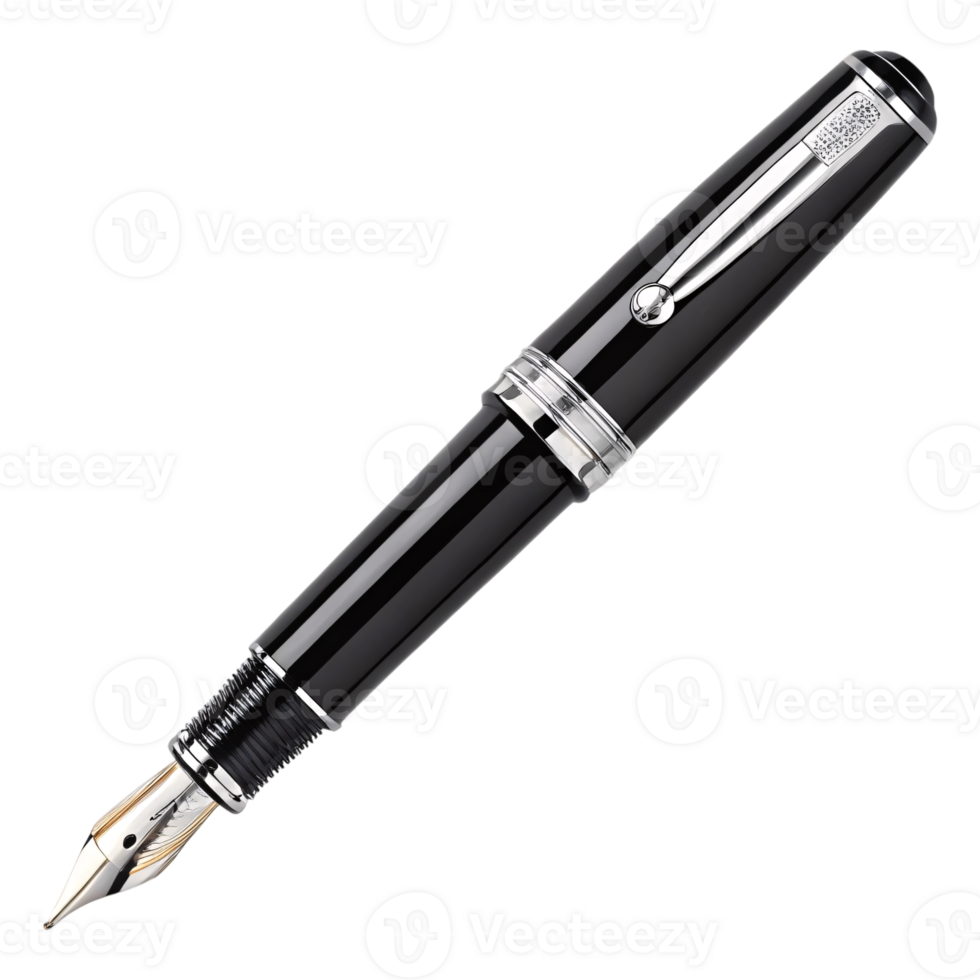 Elegant Black Fountain Pen with Silver Accents and Gold-Silver Nib on Transparent Background for Luxury Writing Designs png