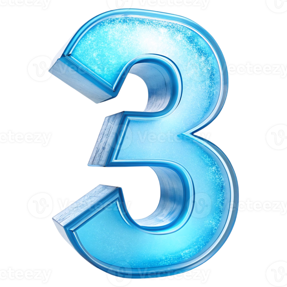 Shiny Blue Number 3 with Frosty Texture on Transparent Background for Digital Design and Creative Projects png