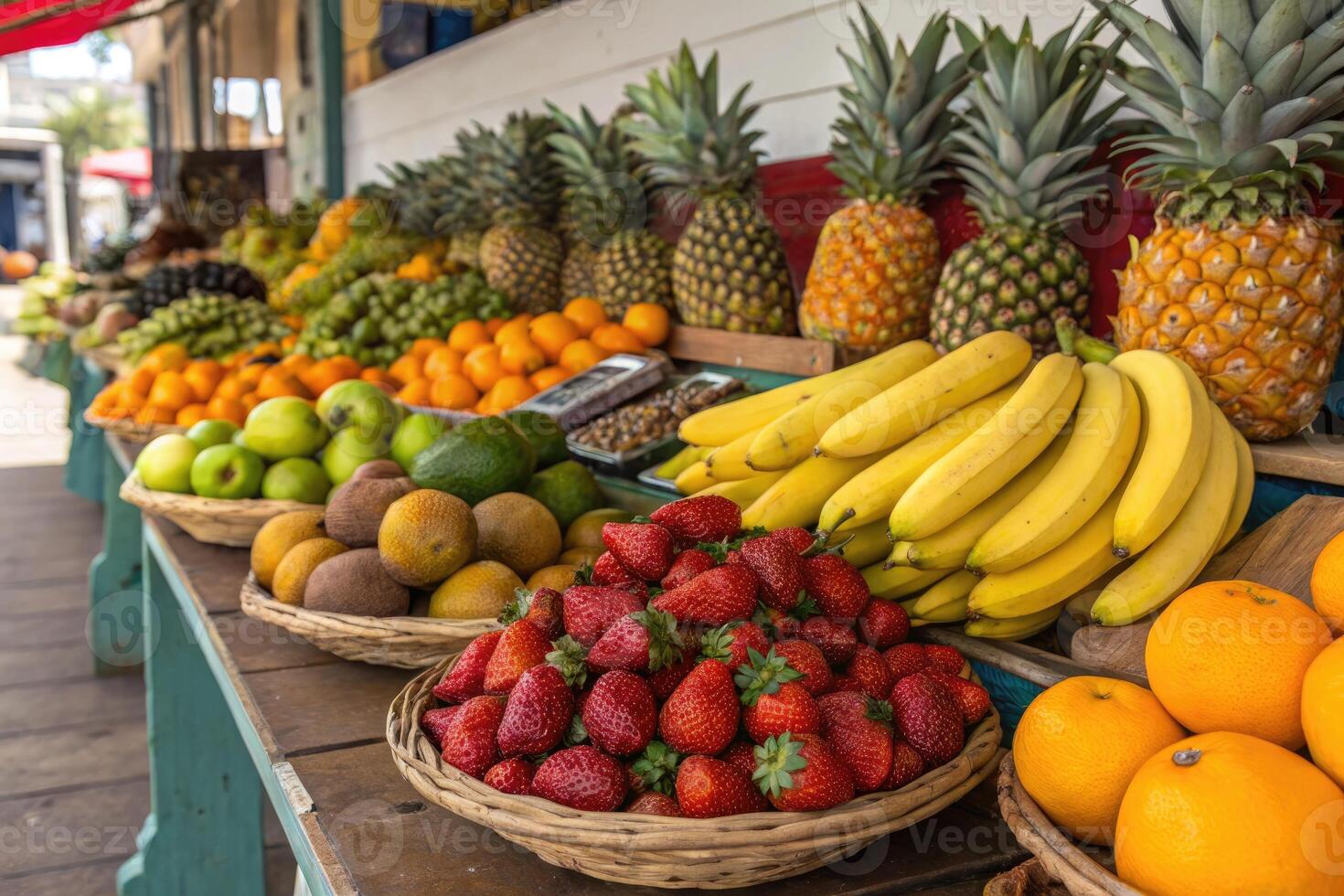 Colorful tropical fruits displayed in a vibrant market setting under bright sunlight photo