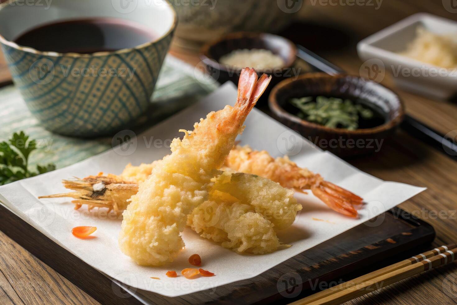 Delicious shrimp tempura presented on white parchment with dipping sauces and garnishes photo