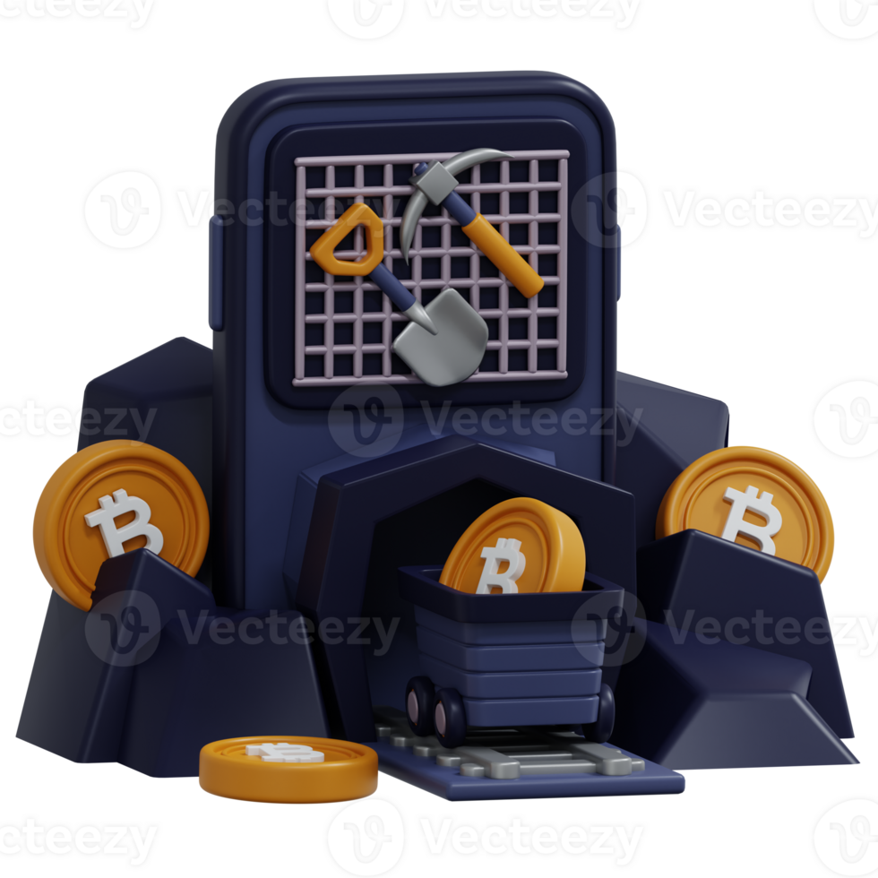 Coin Mining with Phone Render and Mining Cart Illustration png