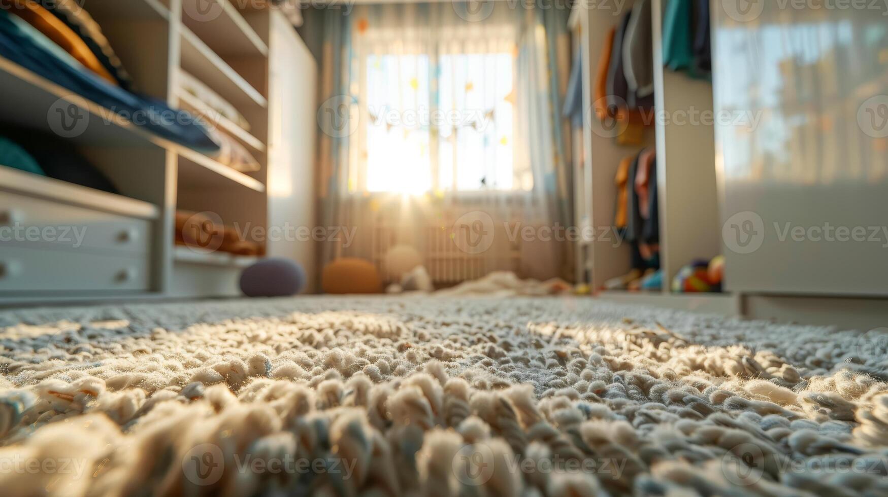 Cozy sunlit closet interior with soft textured carpet and warm tones photo
