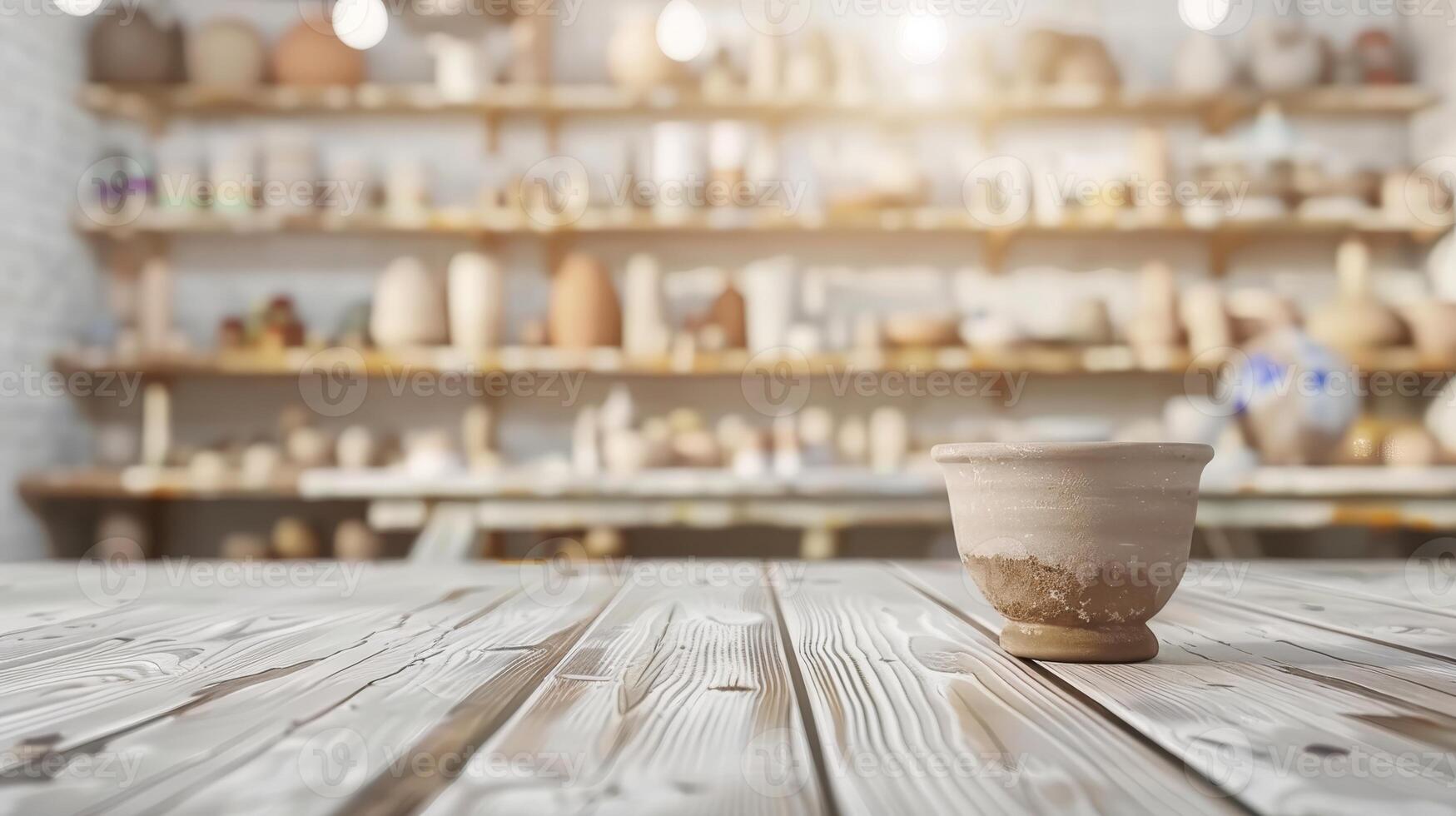 Rustic pottery cup on wooden table in sunlit workshop with shelves of handmade ceramics photo