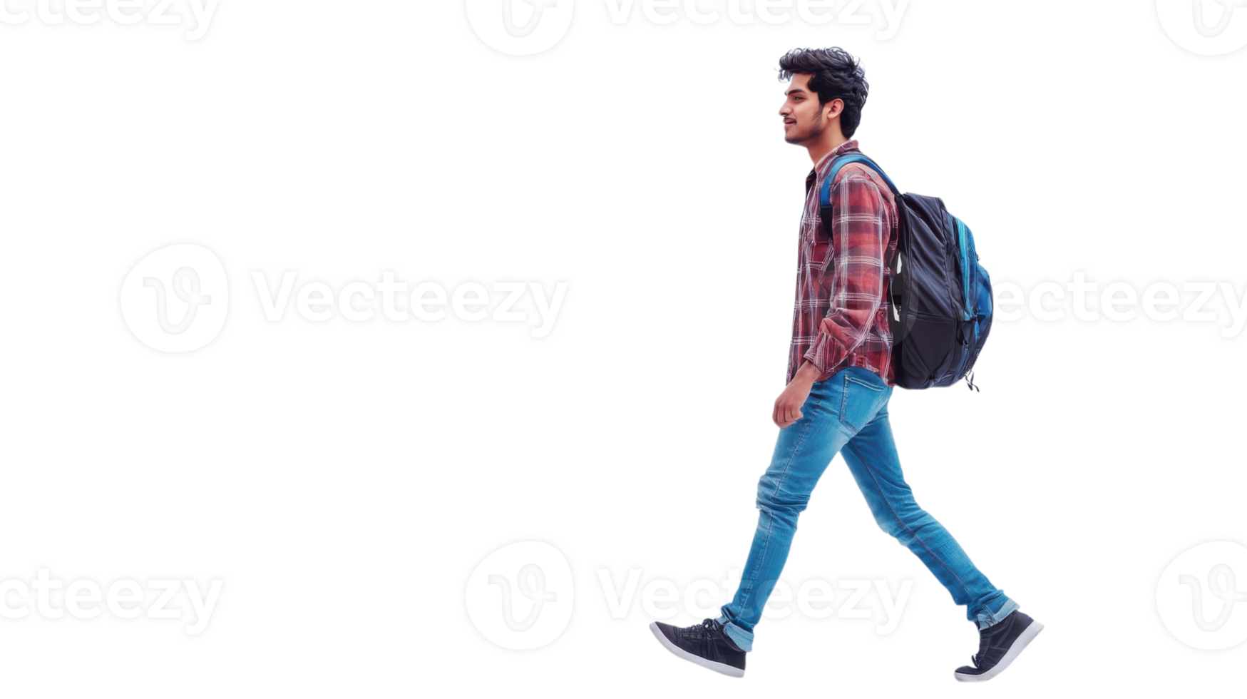 Young man walking confidently with a backpack in casual attire on a plain background during daylight hours png