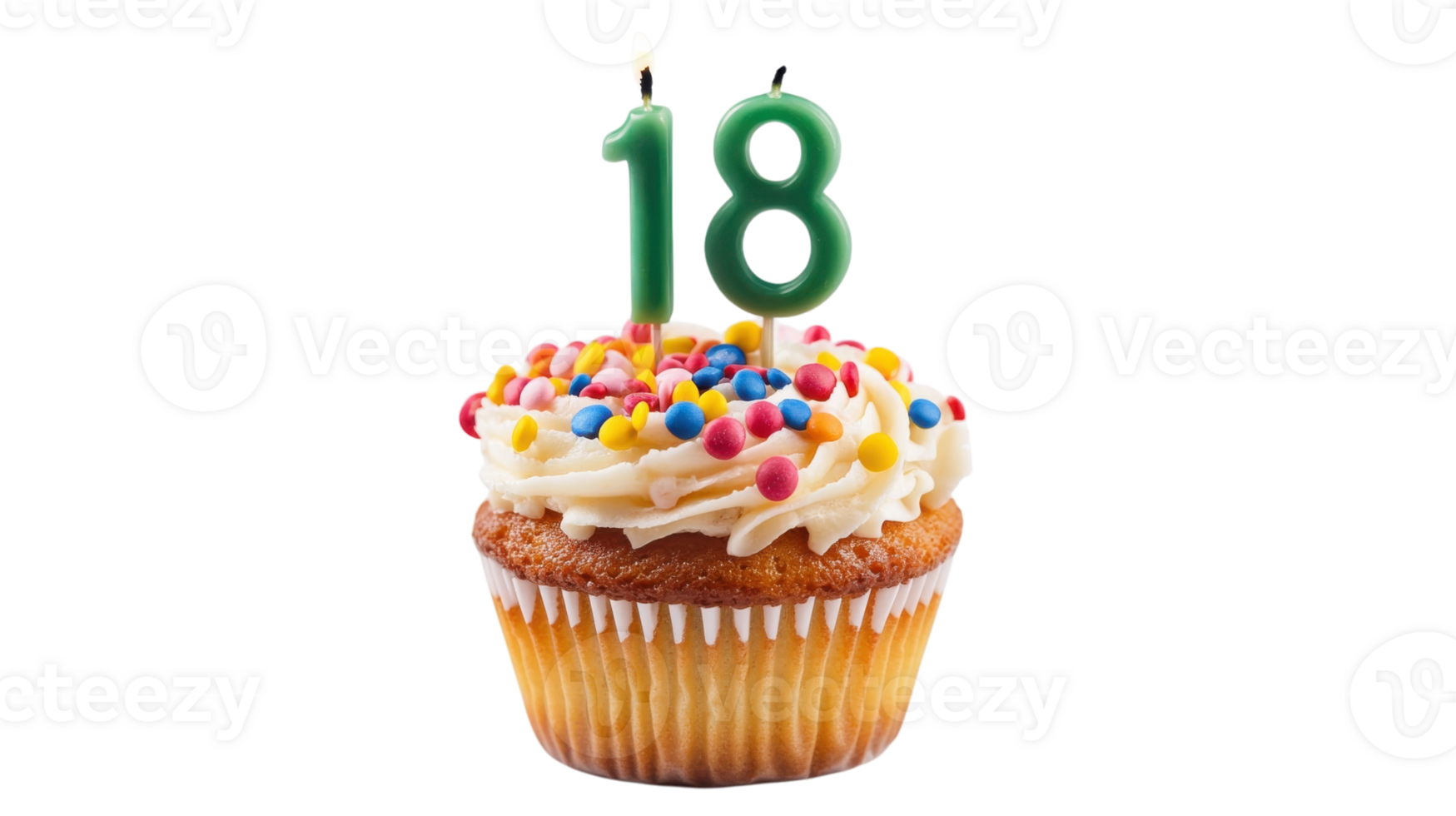 Celebrating an 18th birthday with a colorful cupcake topped with icing and candles png
