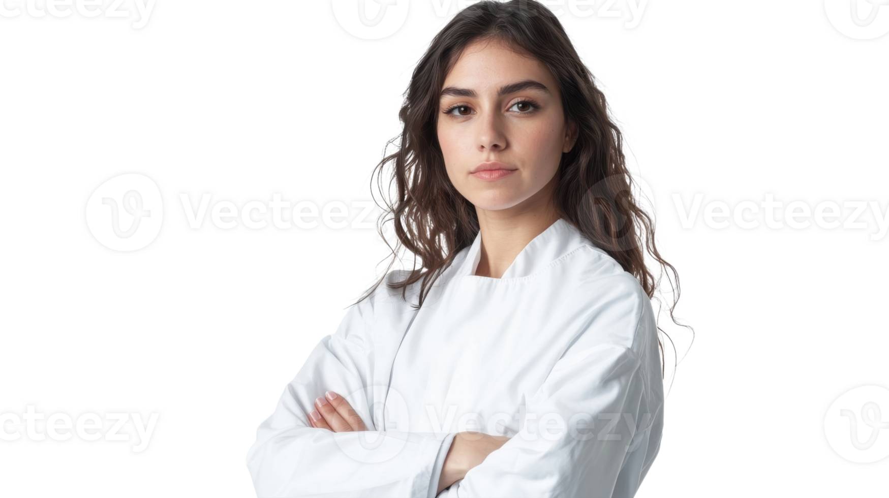 Professional chef with long hair and white uniform poses confidently against a plain background png