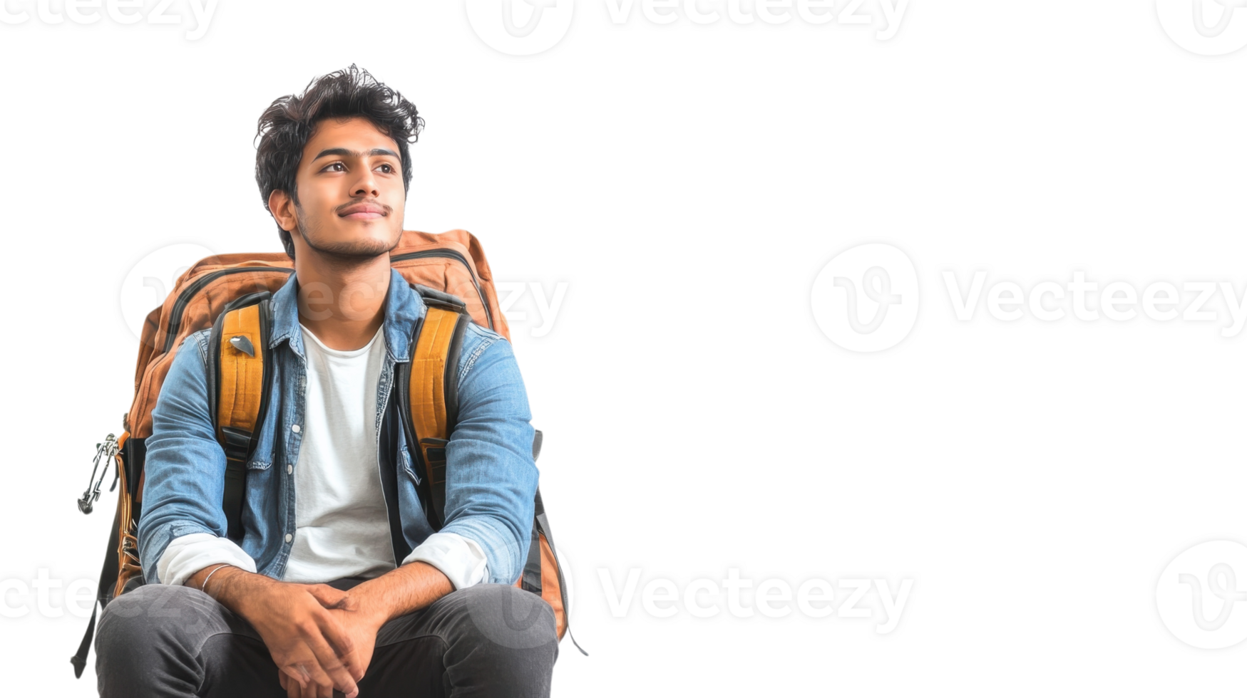 Young traveler with a backpack sits thoughtfully, contemplating adventures while smiling in a bright, minimal setting png