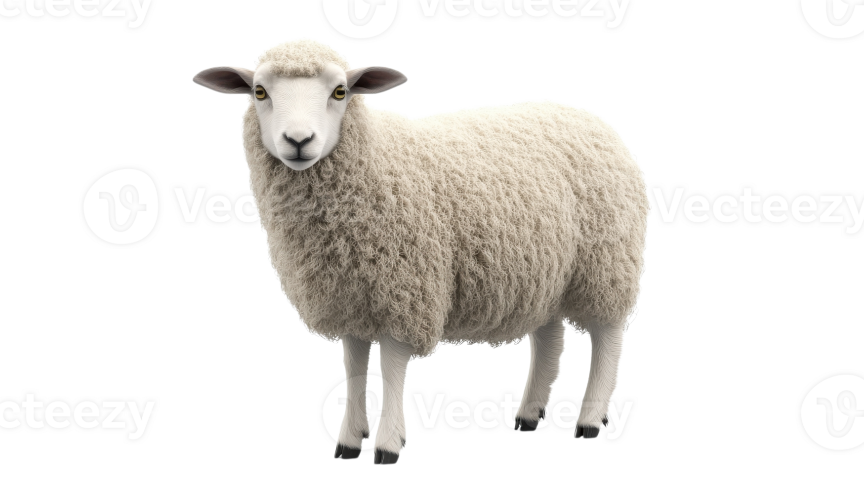 White sheep standing on a plain background during a sunny day in a rural setting png