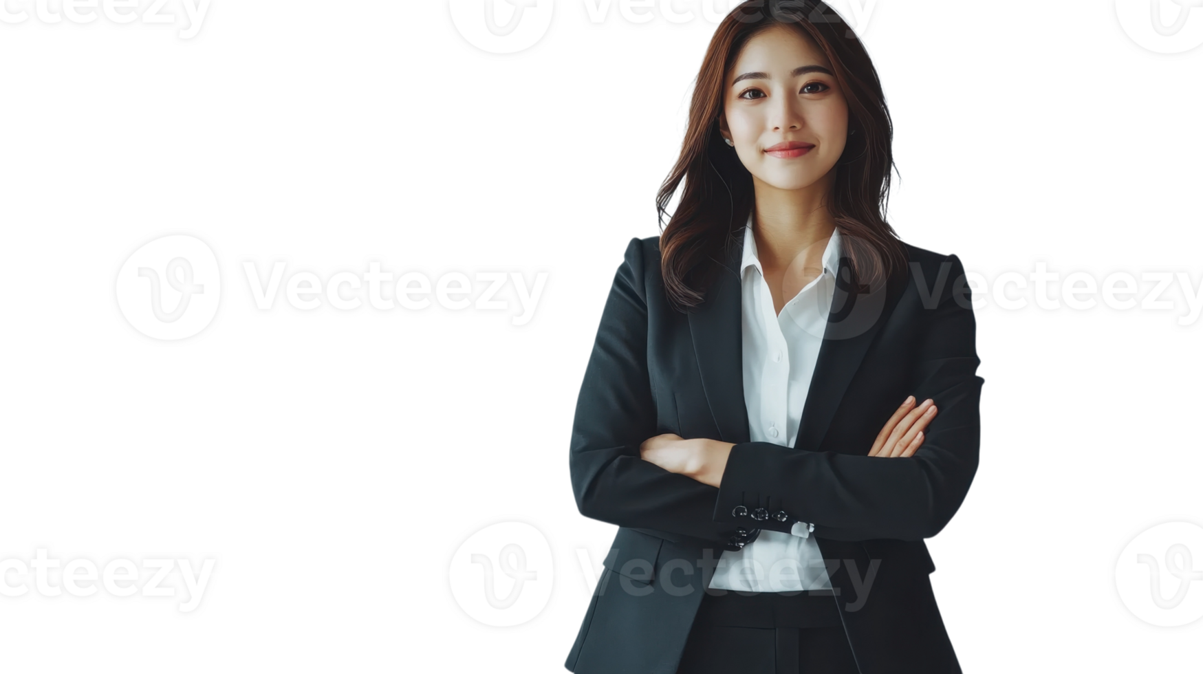 Professional woman in business attire standing confidently with arms crossed in a bright space png