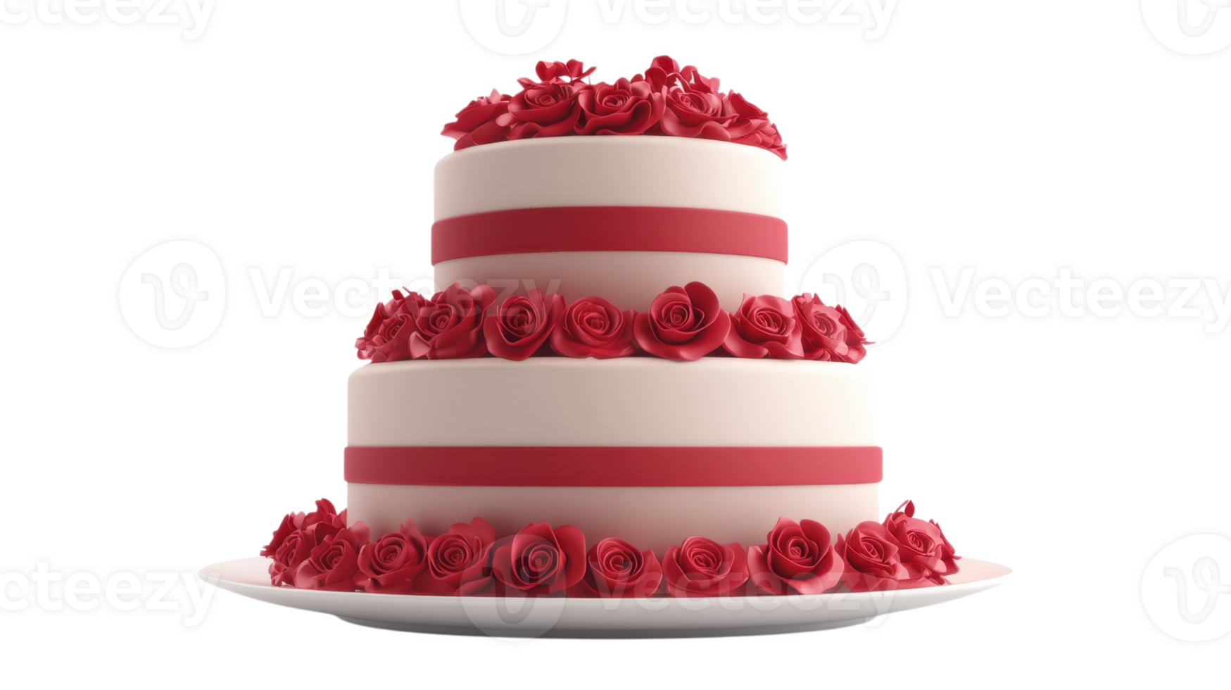 Elegant three-tier wedding cake adorned with red roses and ribbons for a celebration at a joyful reception png