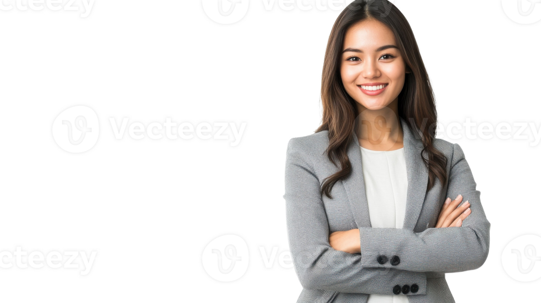 Confident young professional woman smiling and posing for a business portrait in a modern office setting png