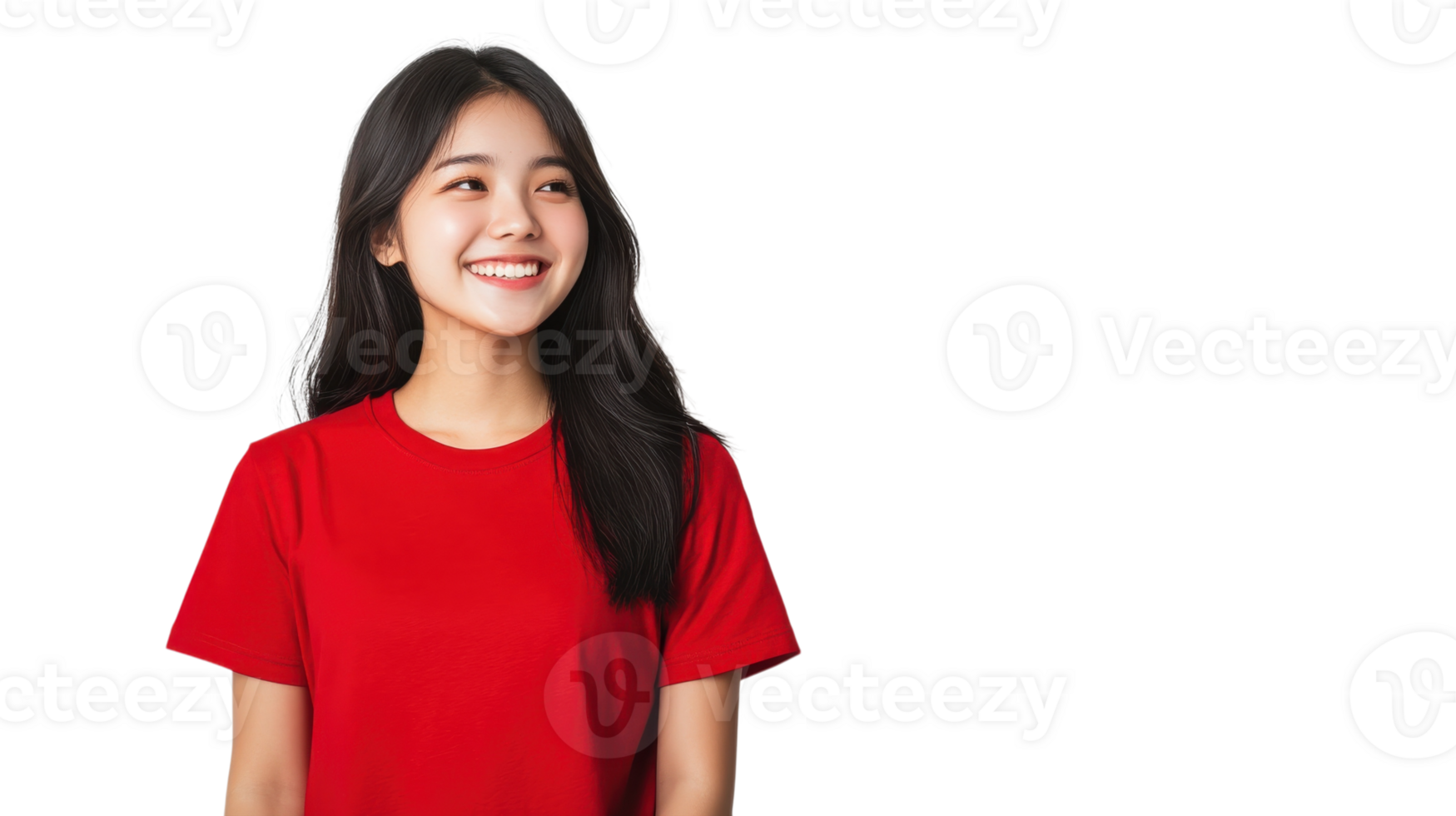 Smiling young woman wearing a red shirt, standing against a plain background, exuding confidence and joy png