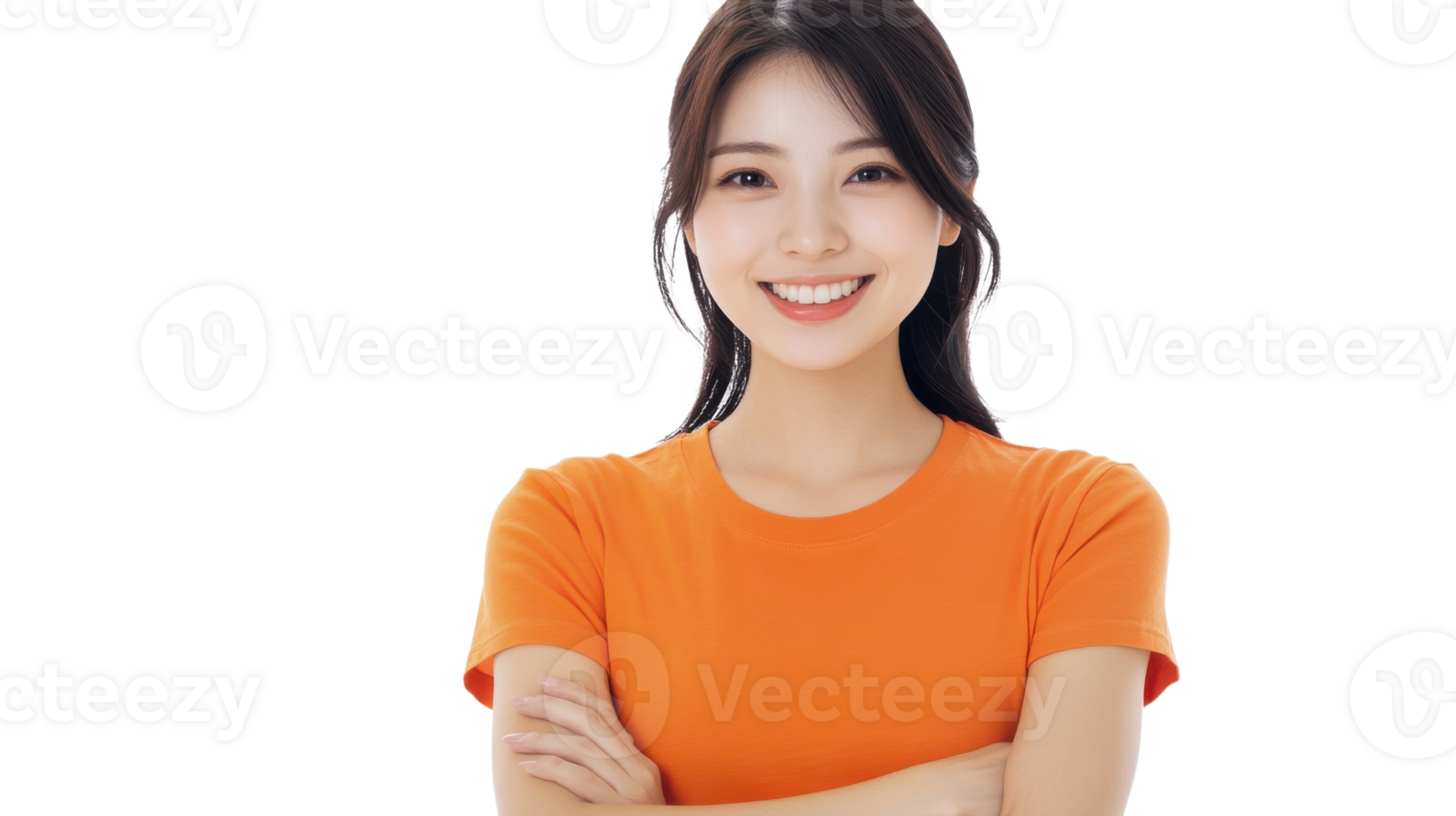 Smiling young woman in bright orange shirt with crossed arms showcasing a confident expression in a minimalist setting png