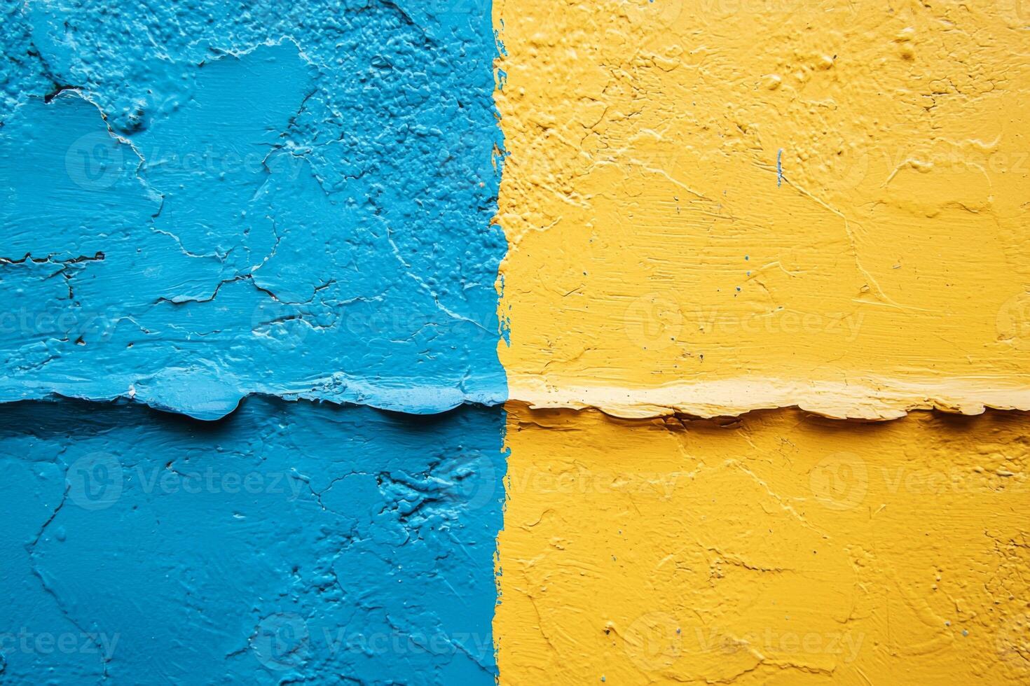 Abstract textured wall art featuring a striking division of blue and yellow creating visual contrast photo