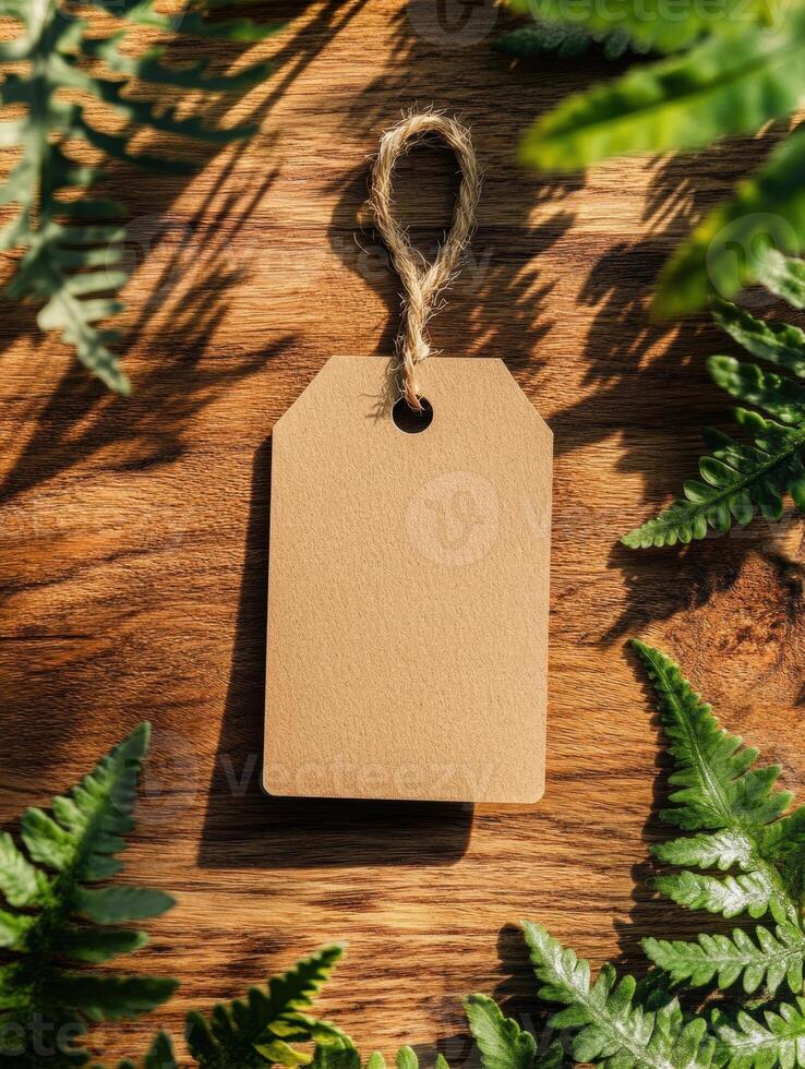 Ultra realistic wooden board with blank craft tag for design photo