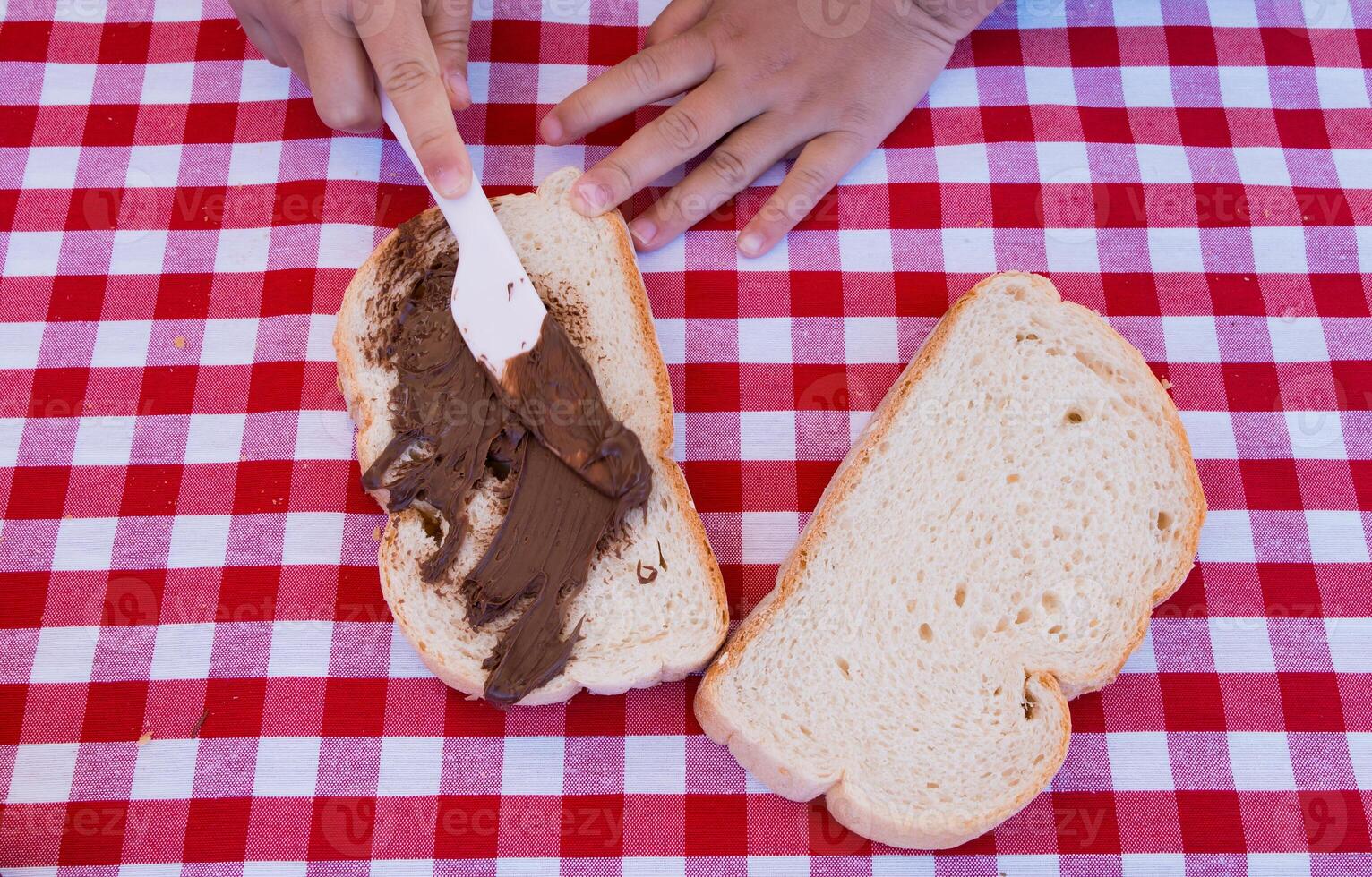 Child spreading chocolate on bread at picnic with red checkered tablecloth photo