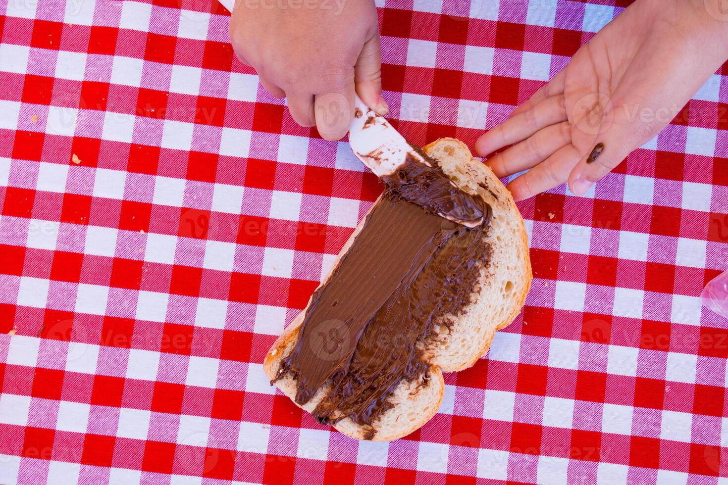 Spreading chocolate on bread at a picnic with red checkered tablecloth photo