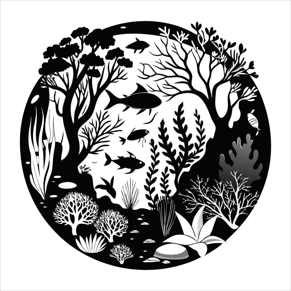 of coral reef with fish and divers vector