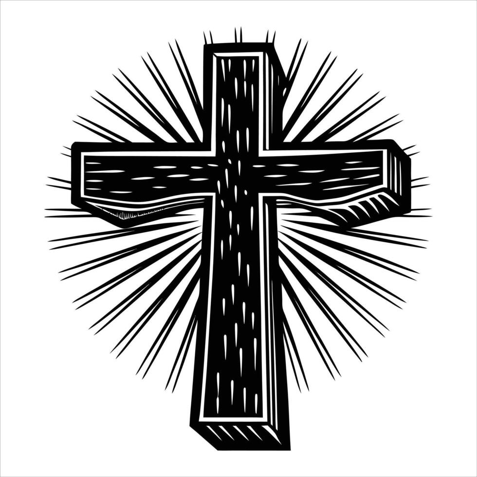 golden cross with light rays vector
