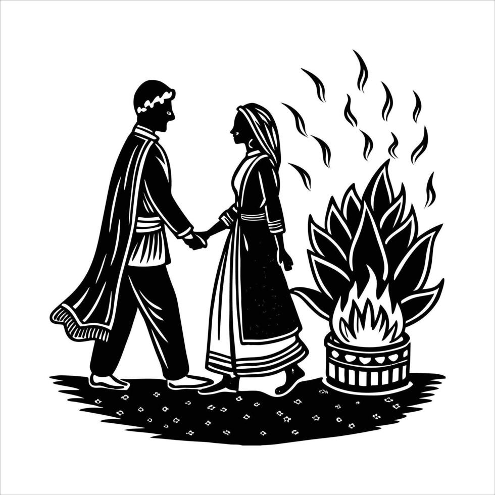 Couple Walking Around Sacred Fire vector