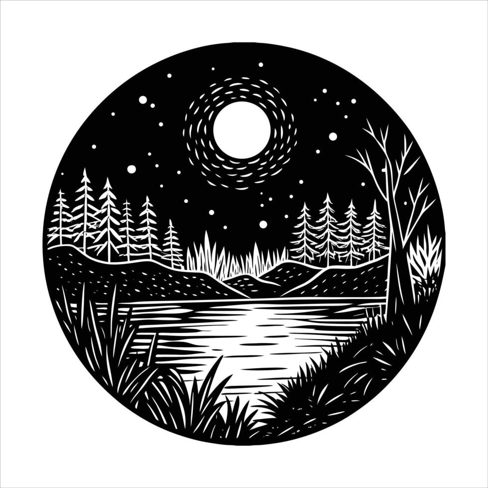 Lake Under Night Sky With Full Moon vector