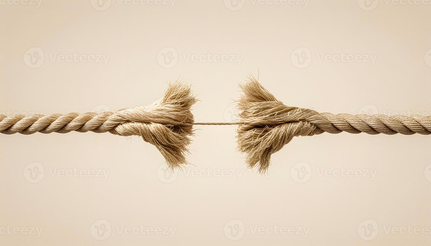 Frayed rope symbolizes the breaking of Relation, connection, Fragility and Stress challenging situations, a rope being pulled apart. photo