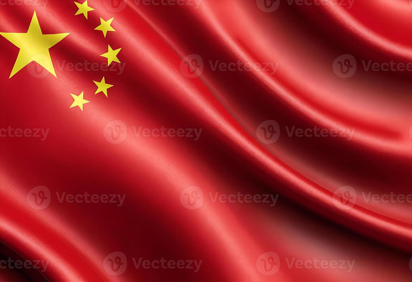 Chinese flag Background, Detailed Closeup of the Waving Chinese Flag Textile Fabric Texture Red and Yellow Stars Background. photo
