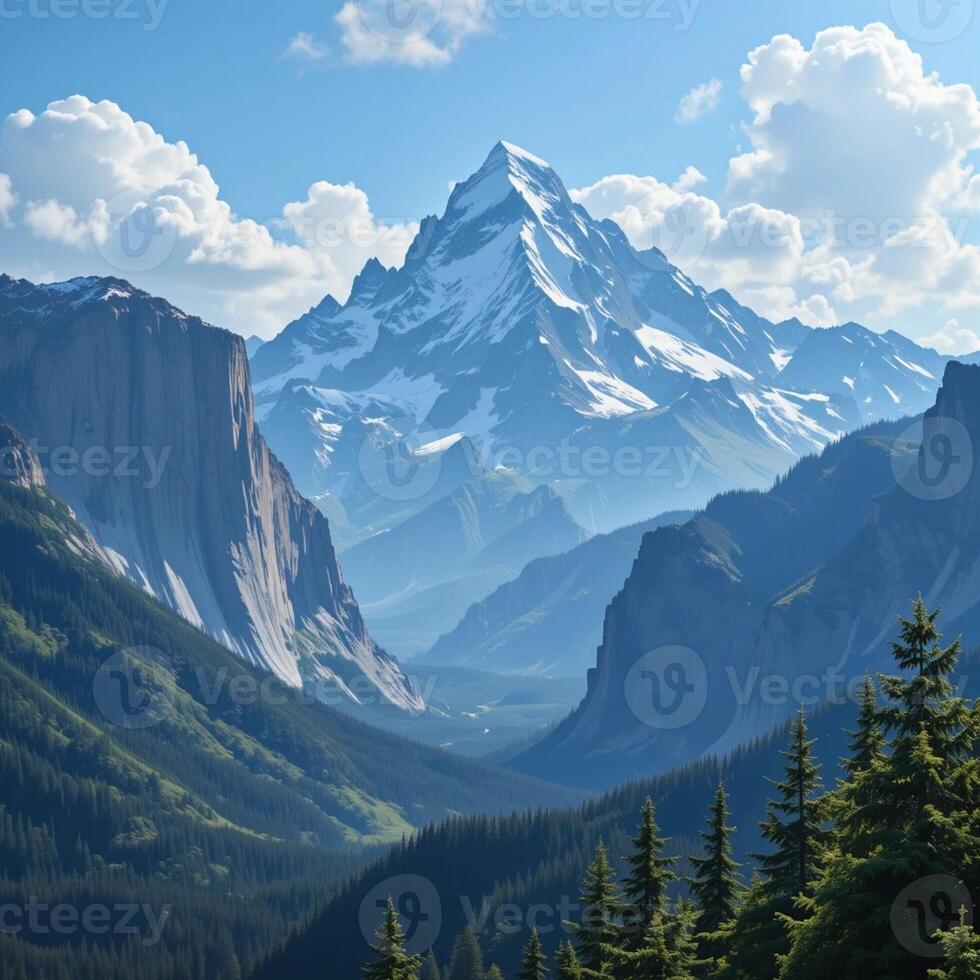 A mountain range with trees and mountains photo
