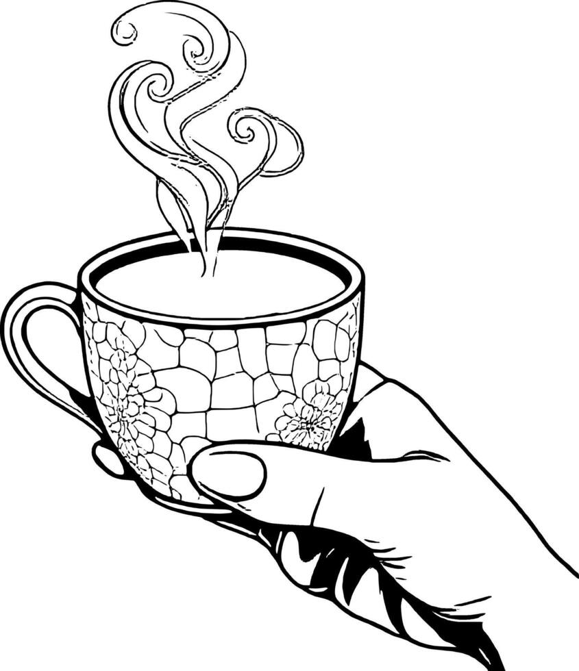Elegant Hand Holding Steaming Cup With Floral Pattern On Illustration vector