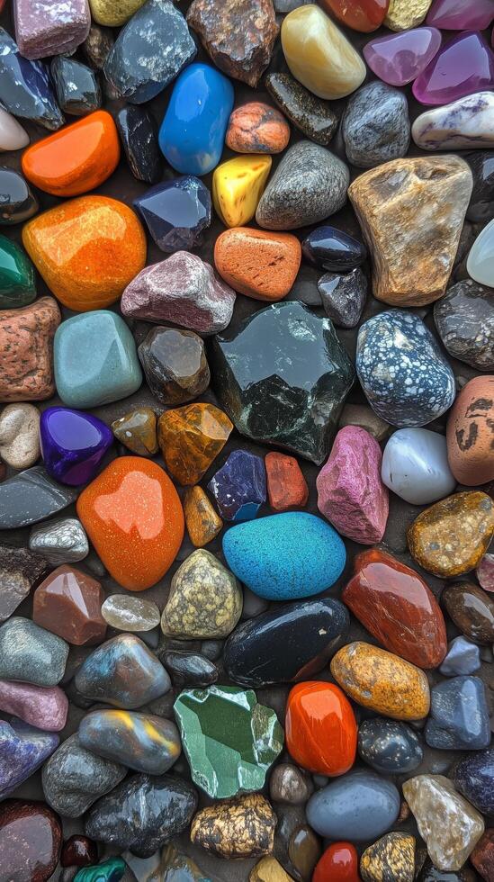 A wall of colorful stones is shown in this photo
