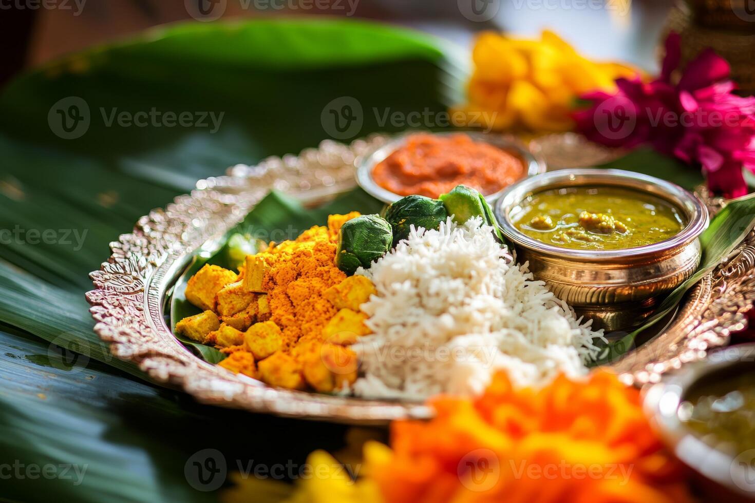 A traditional South Indian Thali consisting of aromatic rice complemented by delicious curry photo