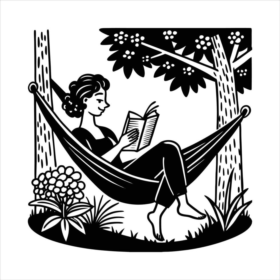 Woman Reading Book In Hammock vector