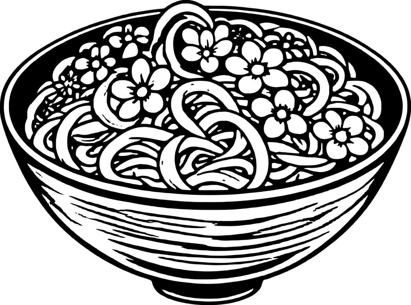 Stylized Bowl Of Noodles With Colorful Flowers Artistic Food Illustration On vector